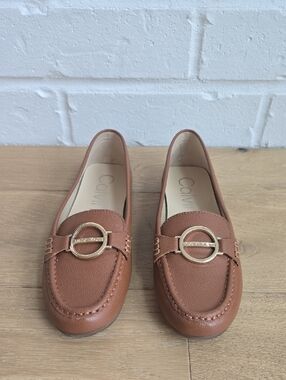 Calvin Klein Women's Brown Leather Loafers with Gold-Tone Ring